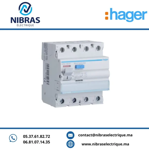 INTERRUPTEUR DIFFÉRENTIEL 4P 63A 30MA TYPE AC HAGER