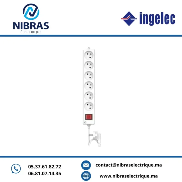 MULTIPRISES 6X2P+T + INTERRUPTEUR 1.5M BLANC INGELEC