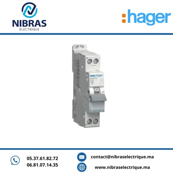 DISJONCTEUR 1P+N 4.5KA COURBE C - 25A 1 MODULE HAGER